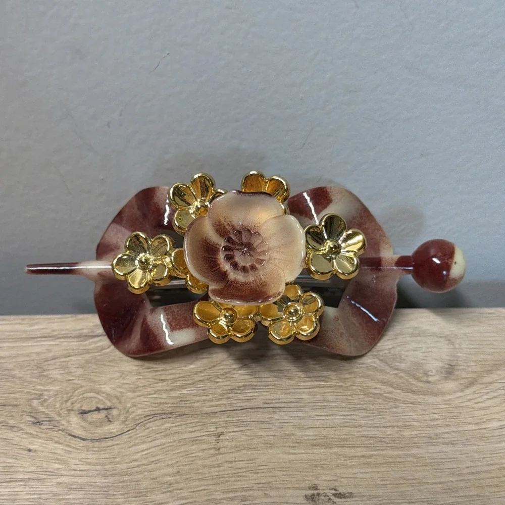 Floral Hair Barrette Stick Pin Burgundy Resin Flower Gold Tone Statement Clip